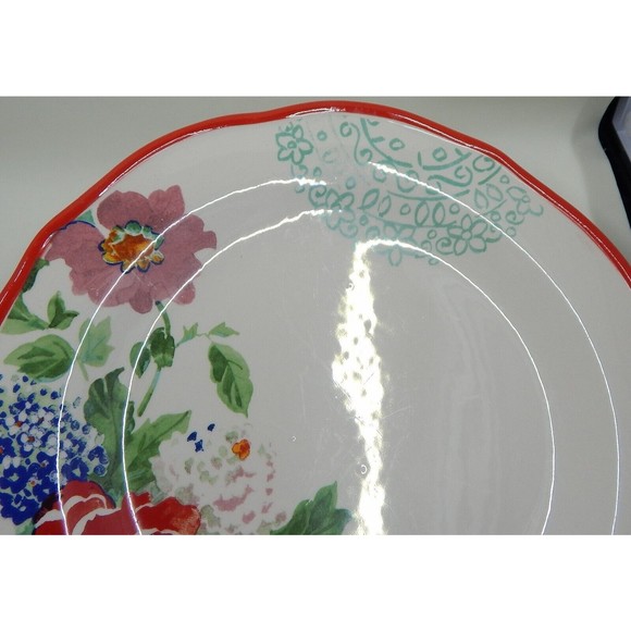 Pioneer Woman Country Garden Floral Dinner Plates Set of 2 Scalloped Red Trim - Picture 8 of 12